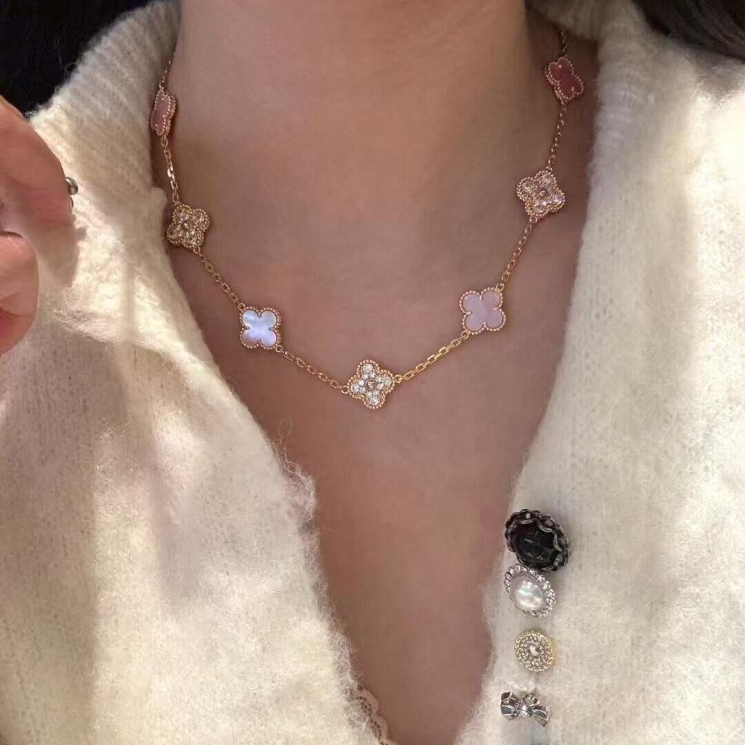 [GALE]CLOVER 10 MOTIFS DIAMOND PINK MOP NECKLACE