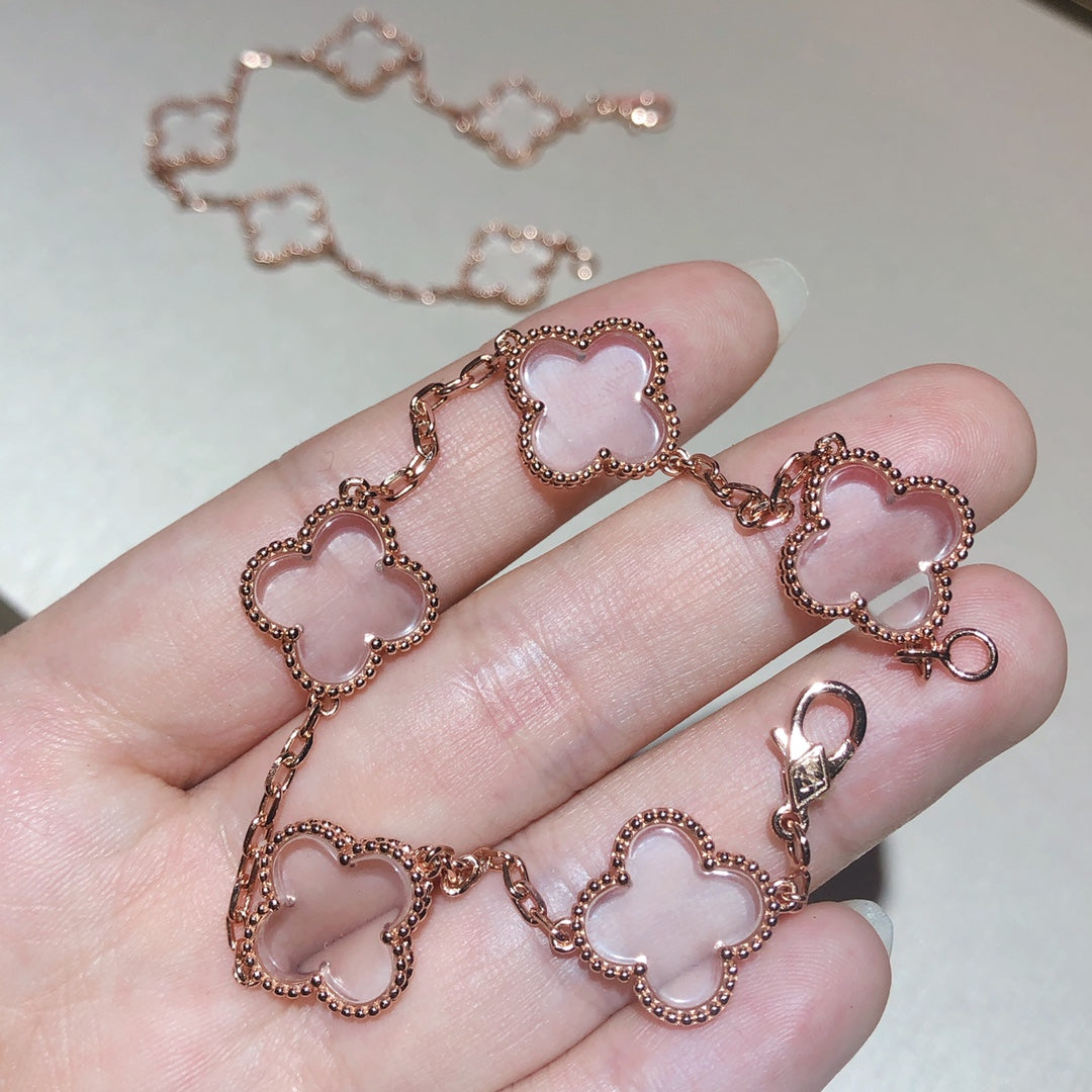 [GALE]CLOVER 5 MOTIF ROCK CRYSTAL PINK GOLD BRACELET
