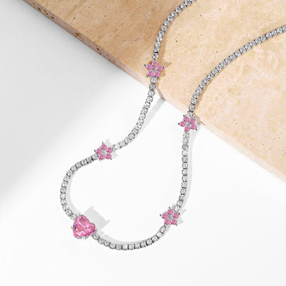 [GALE]Dazzling Pink Heart Flower Necklace