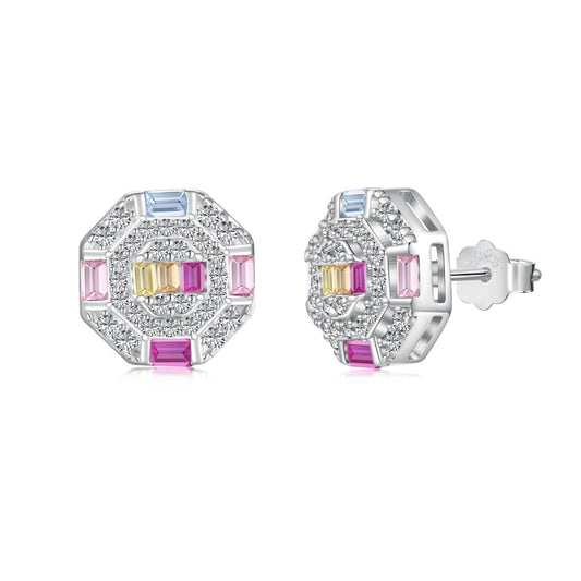 [GALE]Ornate Colorful Octagon Shape Daily Earrings