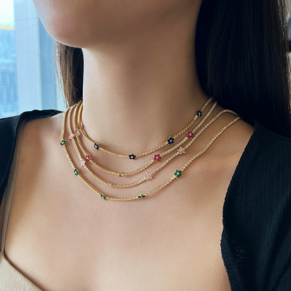 [GALE]Luxurious Colorful Flower Tennis Necklace