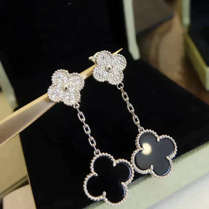 [GALE]CLOVER 2 MOTIFS  DIAMOND ONYX EARRINGS SILVER