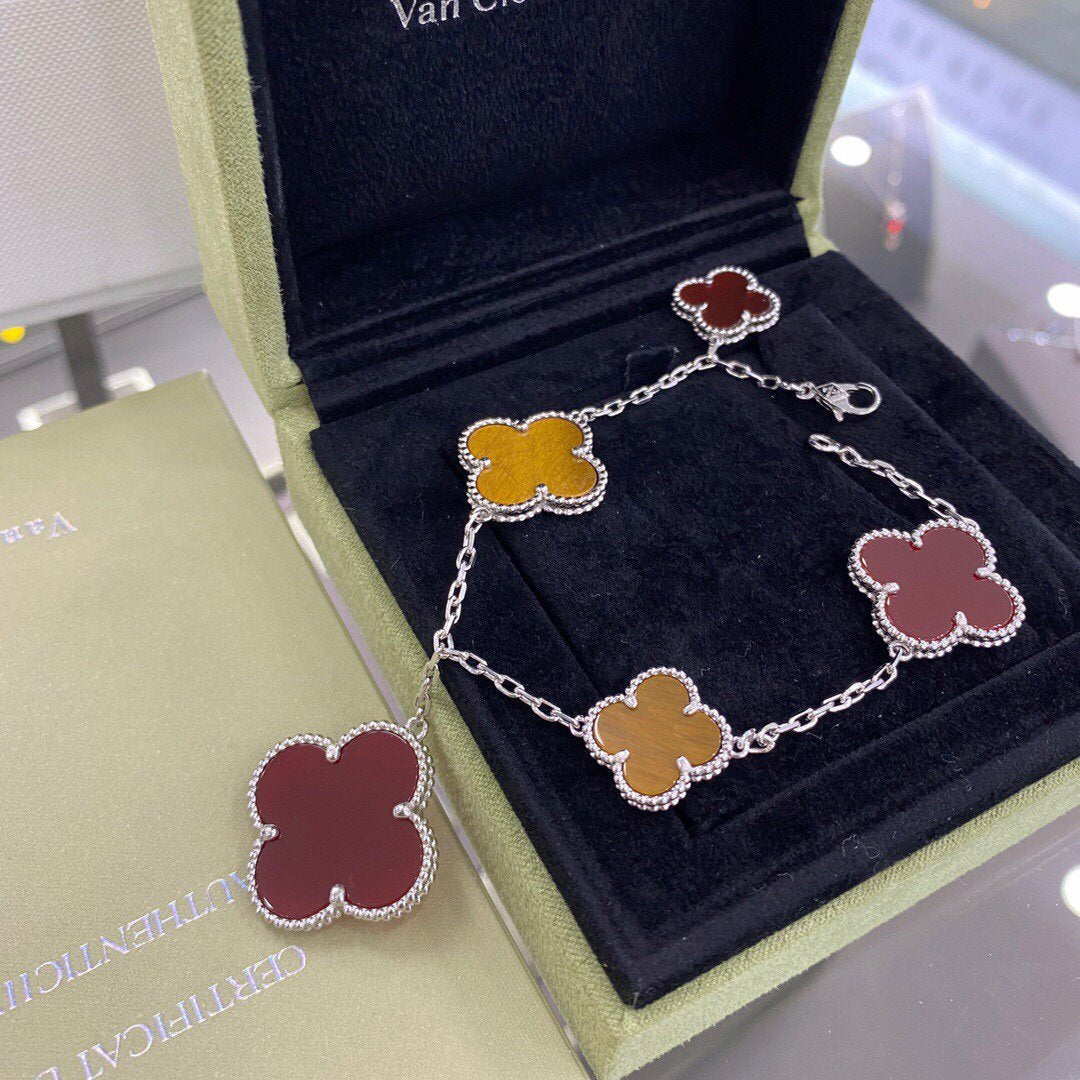 [GALE]CLOVER 5 MOTIFS SIVLER CARNELIAN TIGER EYE BRACELET