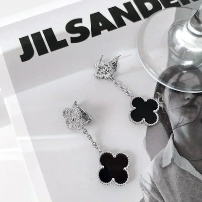 [GALE]CLOVER 2 MOTIFS  DIAMOND ONYX EARRINGS SILVER