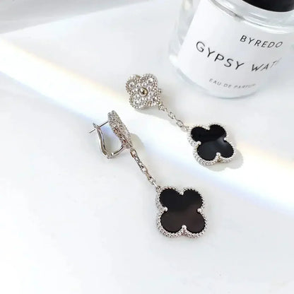 [GALE]CLOVER 2 MOTIFS  DIAMOND ONYX EARRINGS SILVER