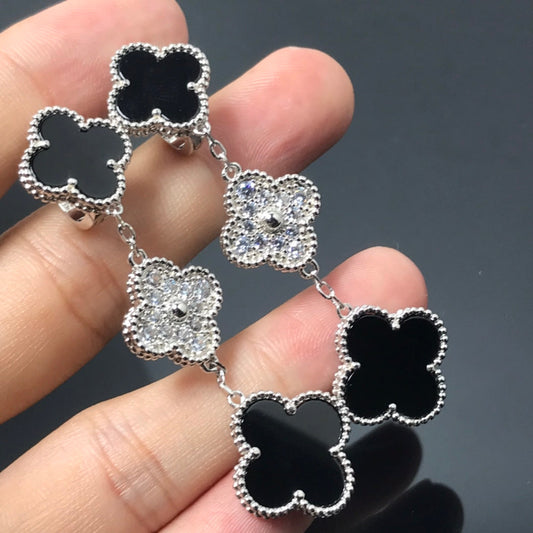 [GALE]CLOVER 3 MOTIF DIAMOND ONYX SILVER EARRINGS