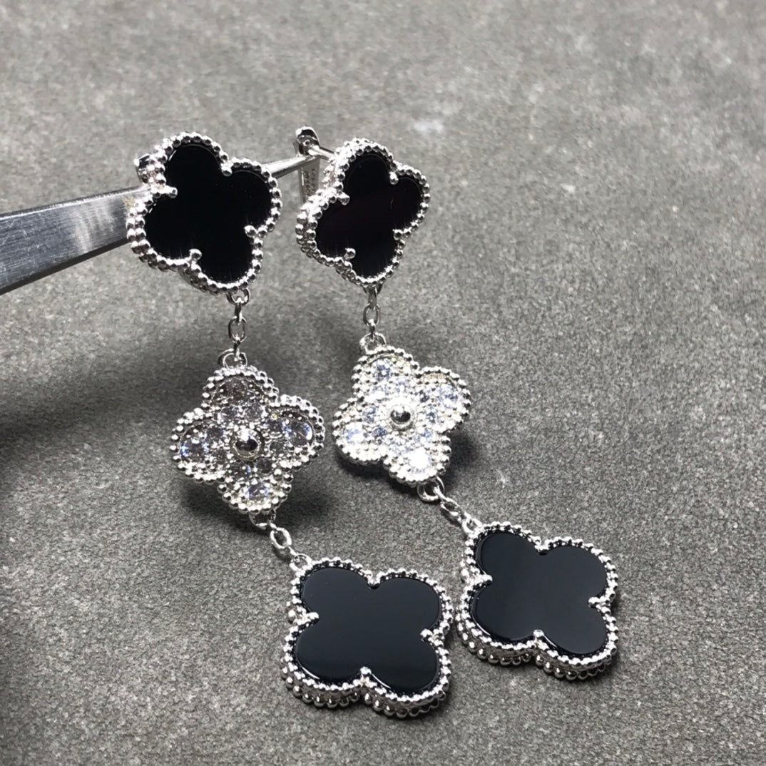 [GALE]CLOVER 3 MOTIF DIAMOND ONYX SILVER EARRINGS