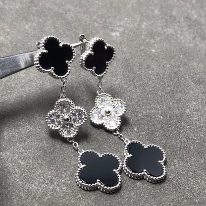 [GALE]CLOVER 3 MOTIF DIAMOND ONYX SILVER EARRINGS