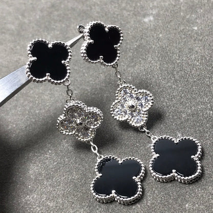 [GALE]CLOVER 3 MOTIF DIAMOND ONYX SILVER EARRINGS