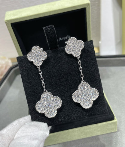 [GALE]CLOVER 2 MOTIFS DIAMOND PAVED SILVER EARRINGS