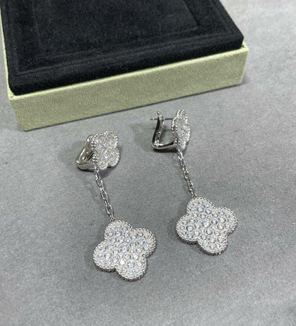 [GALE]CLOVER 2 MOTIFS DIAMOND PAVED SILVER EARRINGS