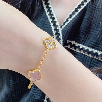 [GALE]CLOVER 5 MOTIF DIAMOND PINK MOP PINK GOLD BRACELET