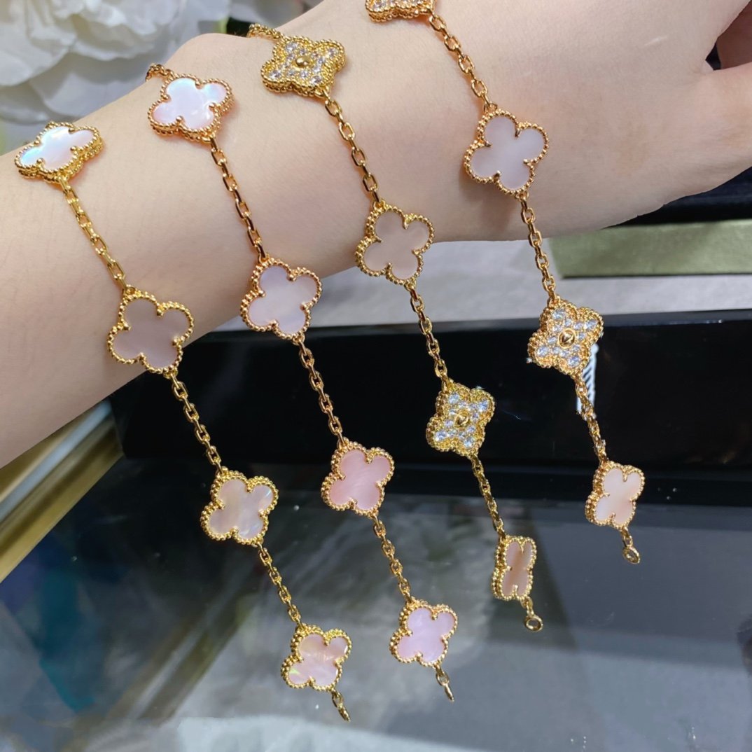 [GALE]CLOVER 5 MOTIF DIAMOND PINK MOP PINK GOLD BRACELET