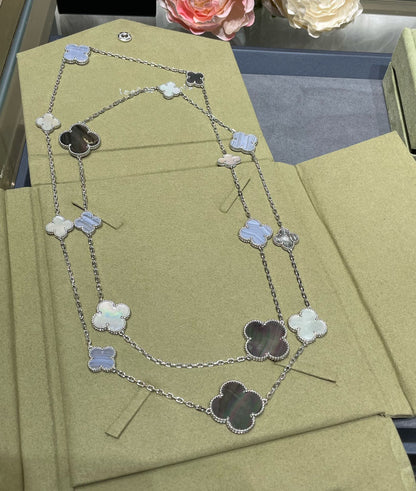 [GALE]CLOVER 16 MOTIF CHALCEDONY MOP SILVER NECKLACE