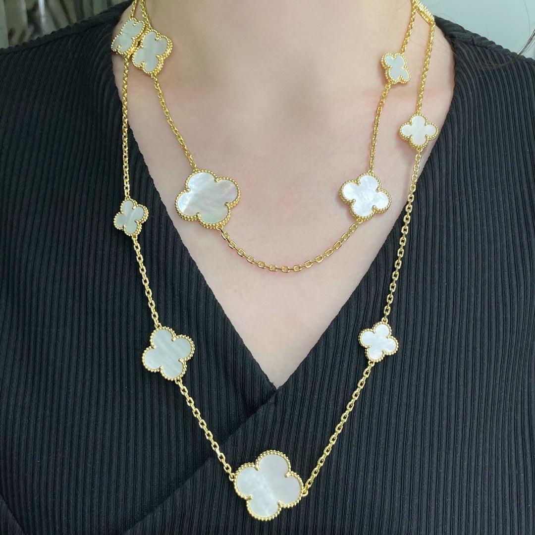 [GALE]CLOVER 16 MOTIF WHITE MOP GOLD NECKLACE