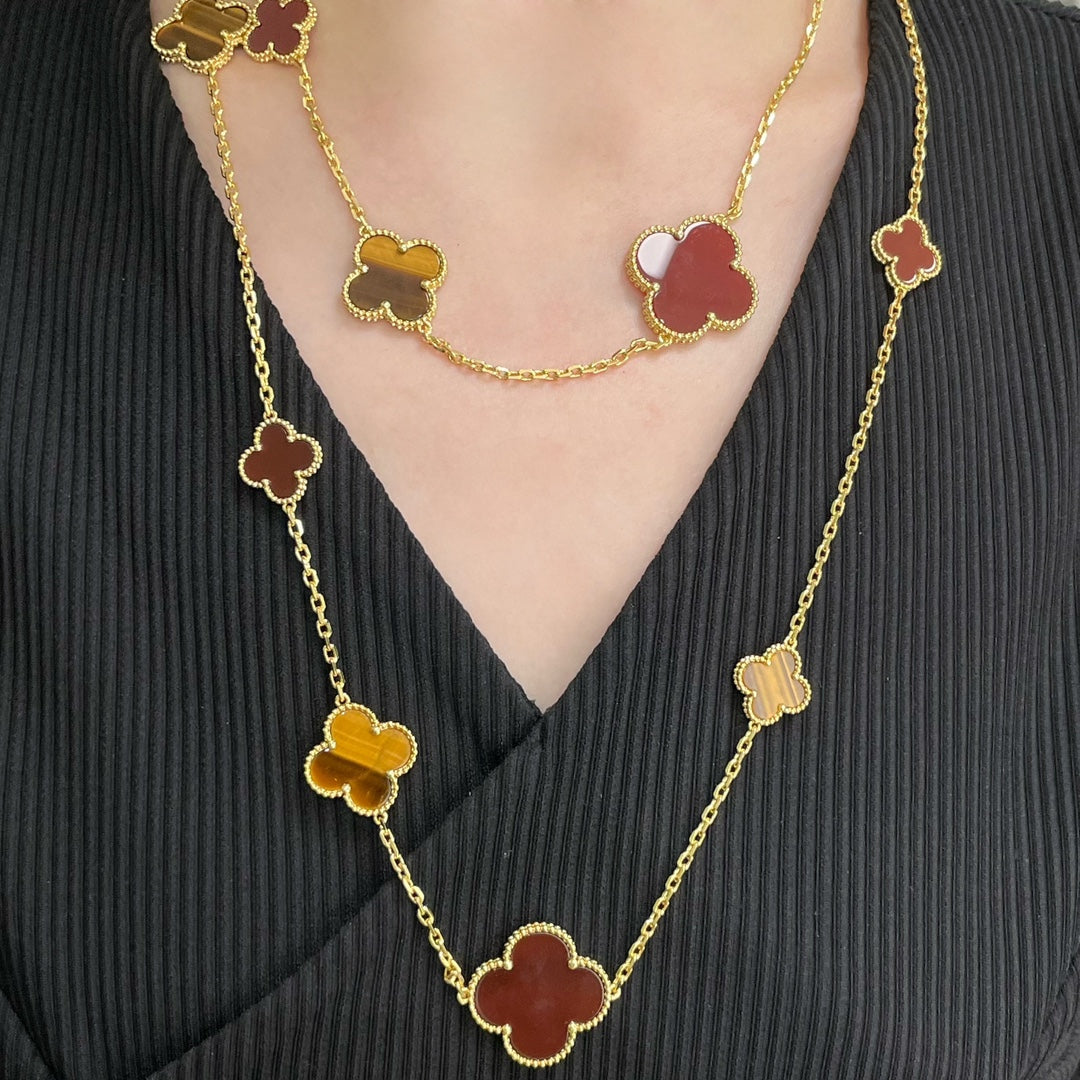 [GALE]CLOVER 16 MOTIF CARNELIAN TIGER EYE ROSE GOLD NECKLACE