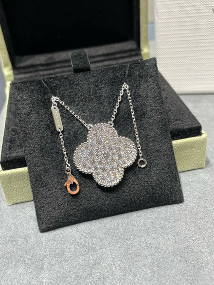 [GALE]CLOVER 25MM LARGE PENDANT DIAMOND PAVED SILVER NECKLACE
