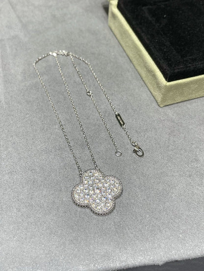[GALE]CLOVER 25MM LARGE PENDANT DIAMOND PAVED SILVER NECKLACE