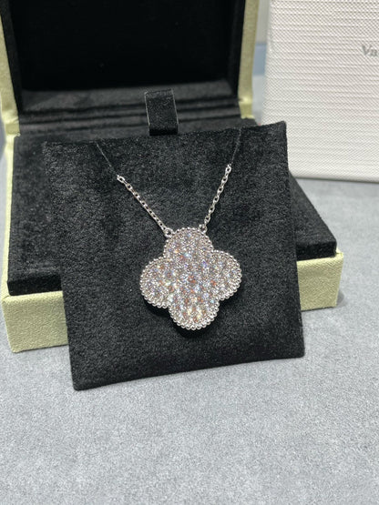 [GALE]CLOVER 25MM LARGE PENDANT DIAMOND PAVED SILVER NECKLACE