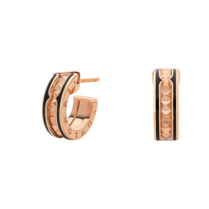 [GALE]ZERO 1 ROCK PINK GOLD EARRINGS WITH STUDDED SPIRAL AND BLACK CERAMIC