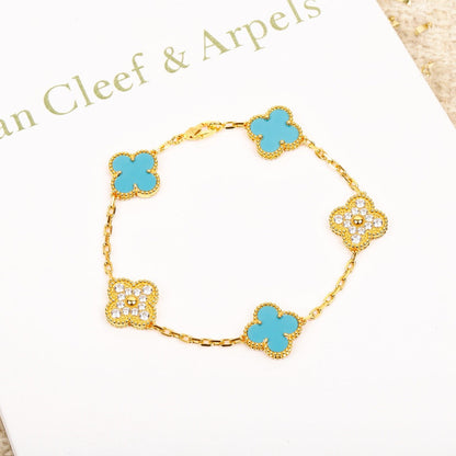 [GALE]CLOVER 5 MOTIF TURQUOISE DIAMOND GOLD BRACELET