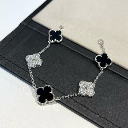 [GALE]CLOVER 5 MOTIF ONYXS DIAMOND BRACELET SILVER
