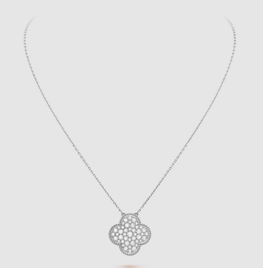 [GALE]CLOVER 25MM LARGE PENDANT DIAMOND PAVED SILVER NECKLACE