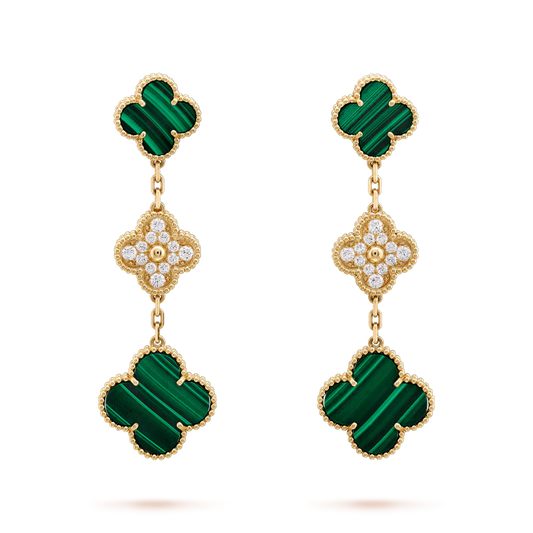 [GALE]CLOVER EARRINGS GOLD MALACHITE DIAMOND 3 MOTIF