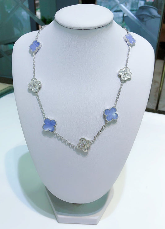 [GALE]CLOVER 10 MOTIFS CHALCEDONY DIAMONDS SILVER NECKLACE
