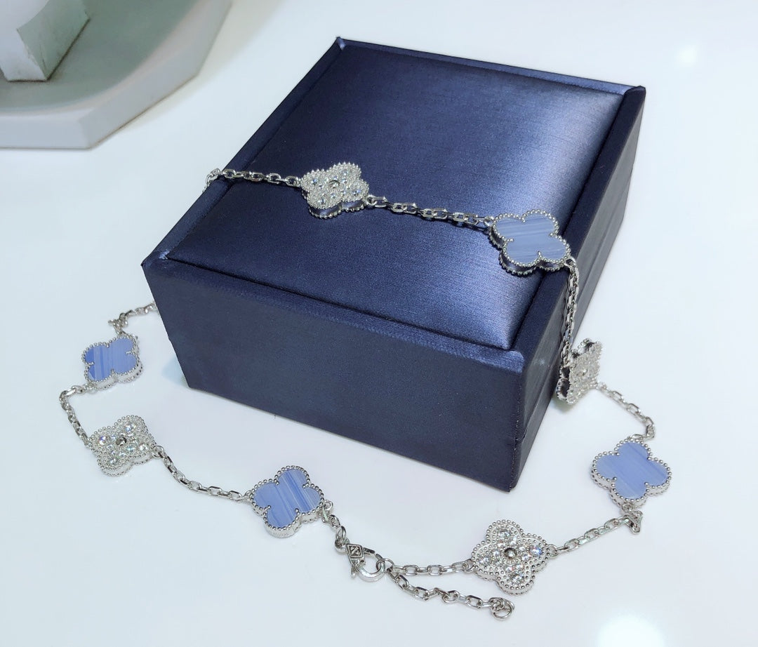 [GALE]CLOVER 10 MOTIFS CHALCEDONY DIAMONDS SILVER NECKLACE